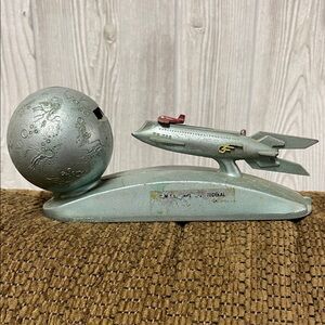 Vintage Strato Rocket Space Ship Mechanical Metal Coin Bank